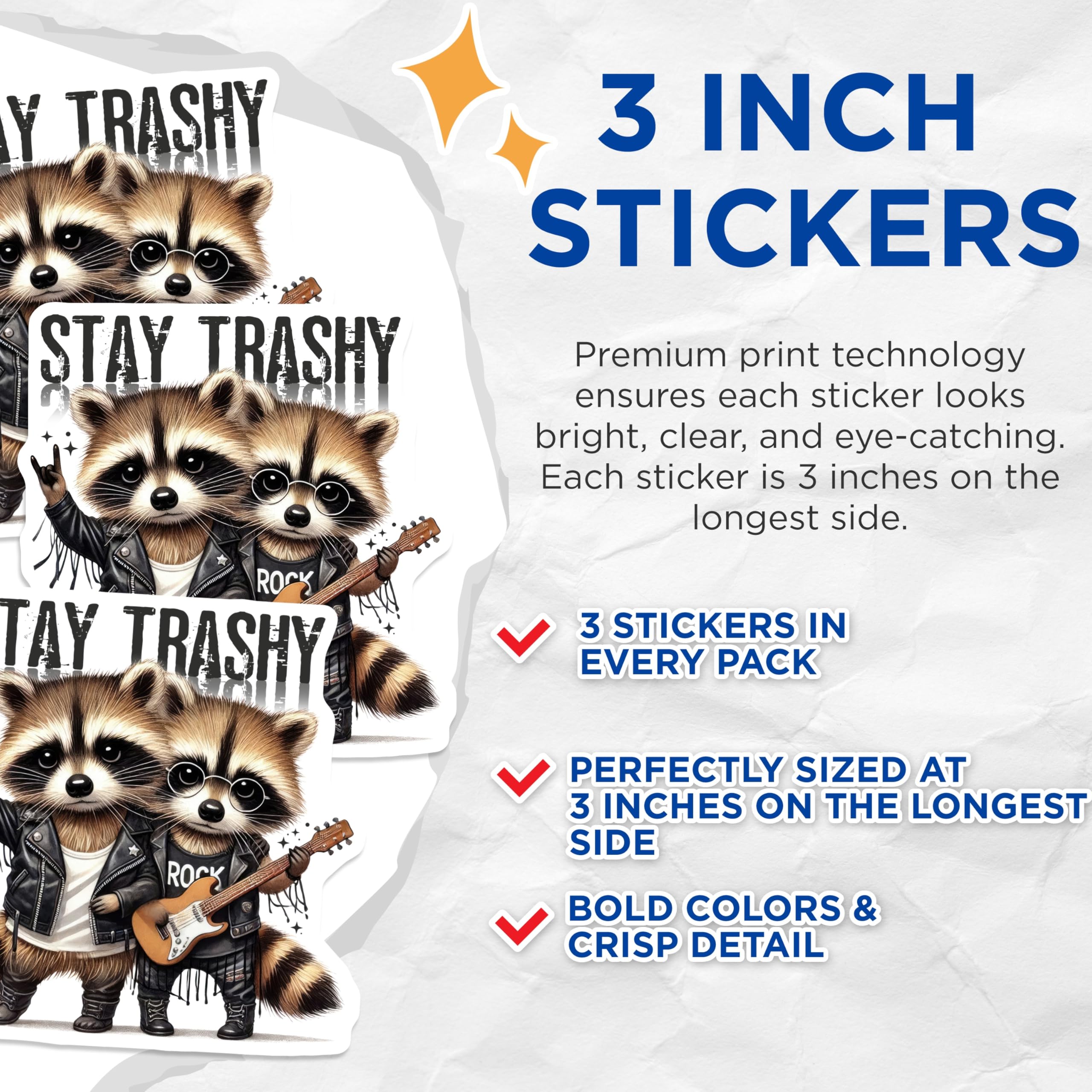 (3 Pack) Rocker Raccoon Decals - Stay Trashy - Funny Animal Stickers - 3 Inches On Longest Side - Easy Peel & Apply - Made in USA - 3MCS4096