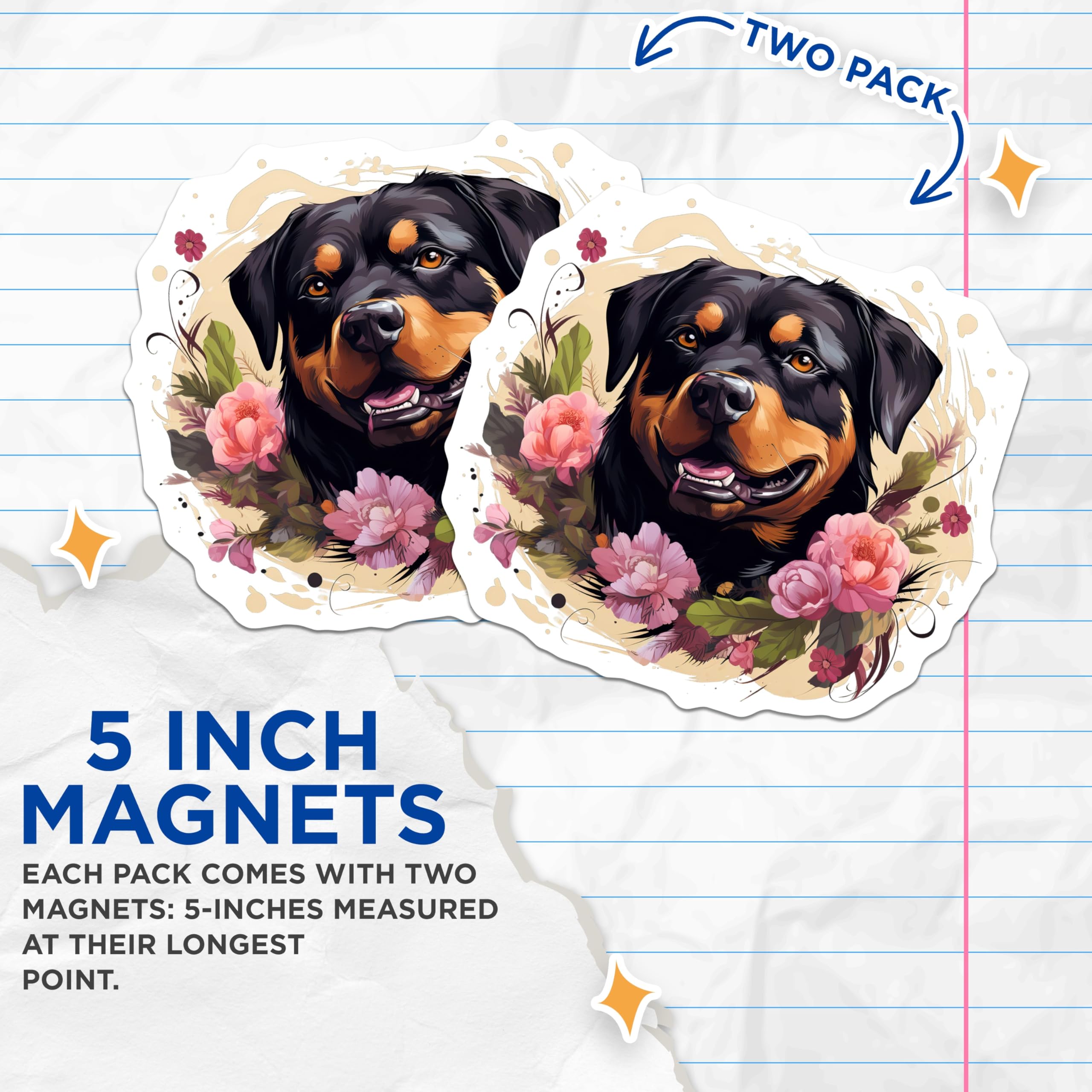 (2 Pack) Rottweiler Dog Magnets - Floral Art Pet Lover - Happy Rottie Fridge Decor Animal - 5 Inches On Longest Side - Thick Durable Magnet - Made in USA - MAG25506