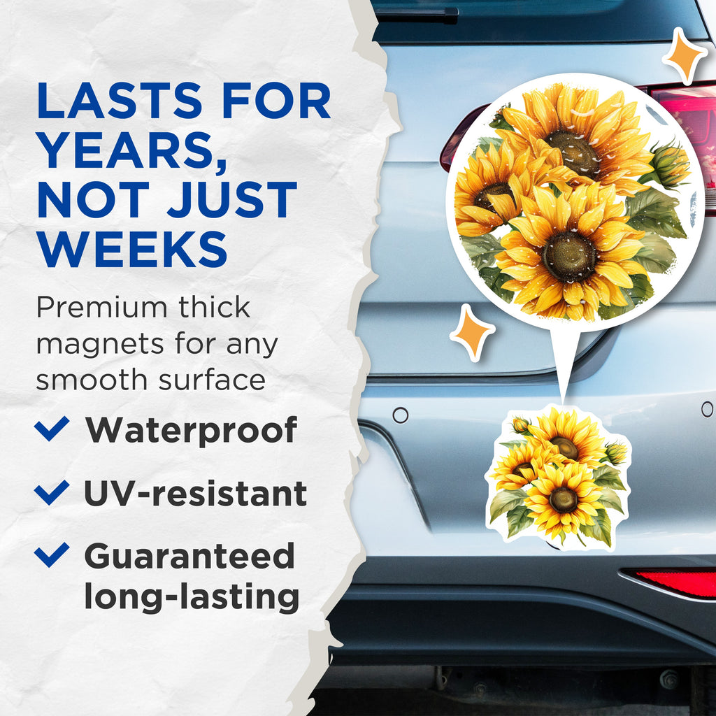 (2 Pack) Sunflower Magnets - Yellow Floral Fridge Decor - Botanical Kitchen Accent - 5 Inches On Longest Side - Thick Durable Magnet - Made in USA - MAG37760