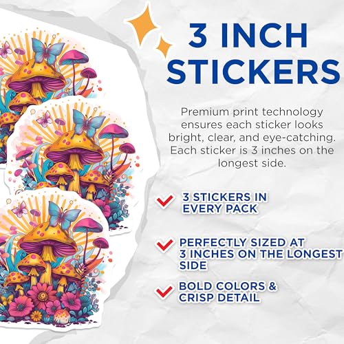 (3 Pack) Mushroom Garden Decals - Butterfly Stickers - Laptop Decal - 3 Inches On Longest Side - Easy Peel & Apply - Made in USA - 3MCS7636