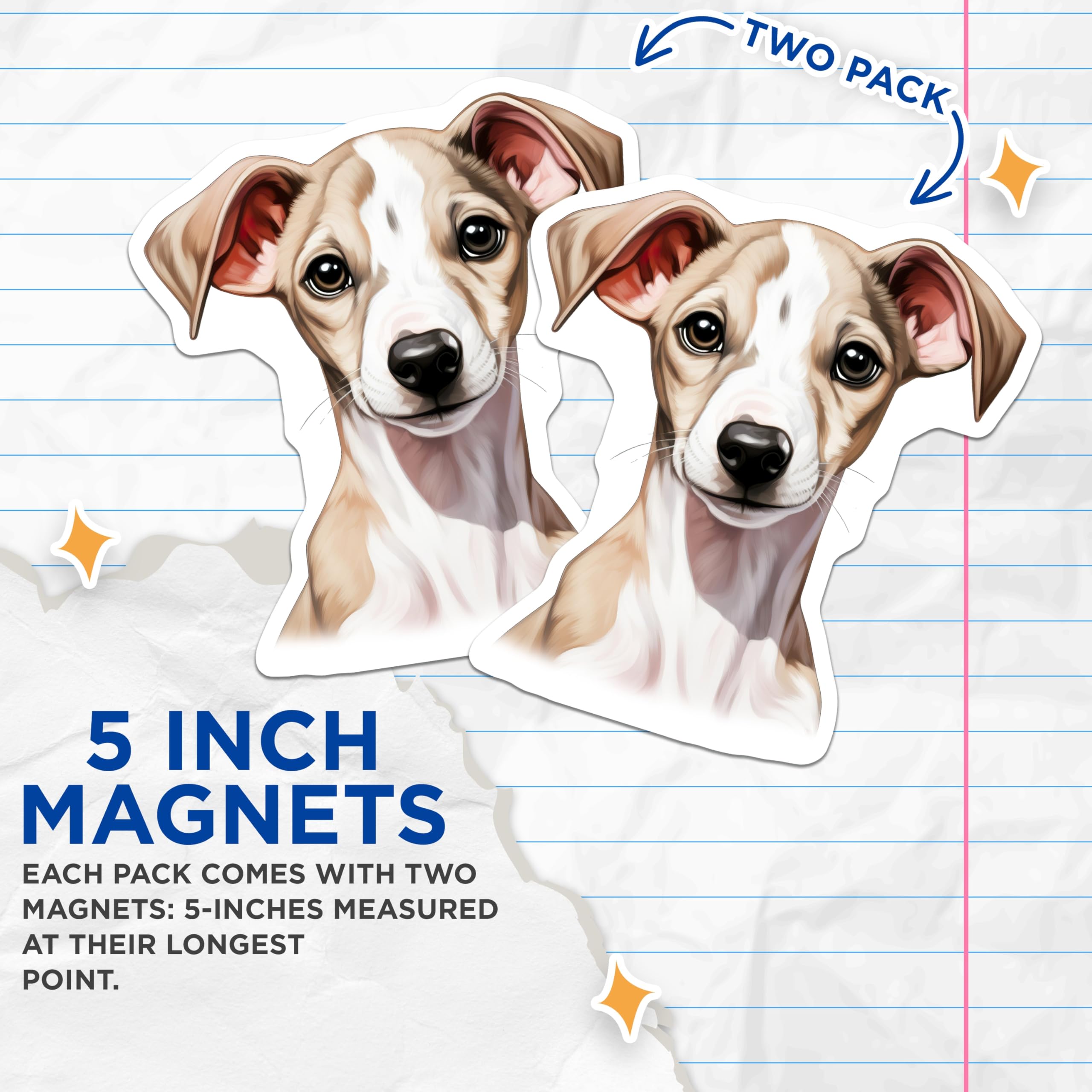 (2 Pack) Adorable Whippet Puppy Magnets - Sweet Italian Greyhound Dog Artwork - Cute Pet Lover Refrigerator Locker Accents - 5 Inches On Longest Side - Thick Durable Magnet - Made in USA - MAG30319