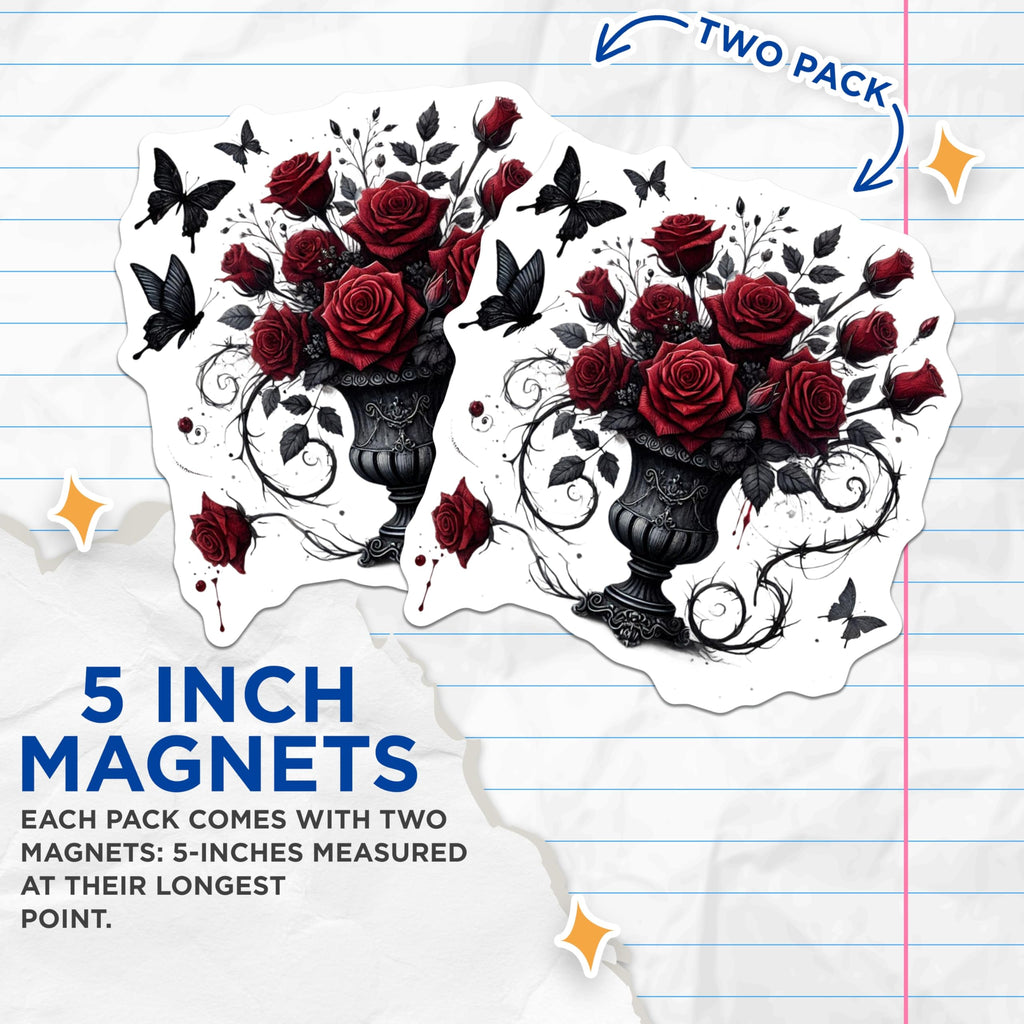 (2 Pack) Gothic Roses Magnets - Dark Butterfly - Floral Bouquets Decorative Magnets - 5" On Longest Side - Premium Magnet - for Cars, Refrigerators, Toolboxes, Lockers - Made in USA - MAG15521