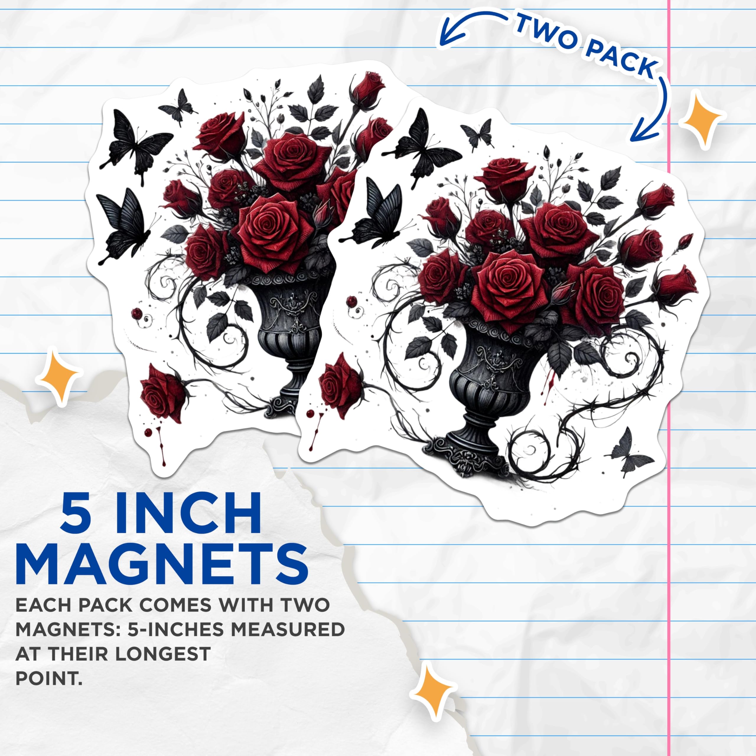 (2 Pack) Gothic Roses Magnets - Dark Butterfly - Floral Bouquets Decorative Magnets - 5" On Longest Side - Premium Magnet - for Cars, Refrigerators, Toolboxes, Lockers - Made in USA - MAG15521