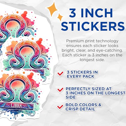 (3 Pack) Libra Zodiac Decals - Astrology Sticker - Horoscope Sign- 3 Inches On Longest Side - Easy Peel & Apply - Made in USA - 3MCS5589