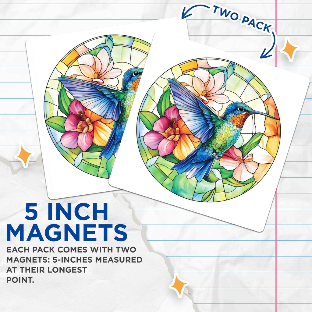 (2 Pack) Hummingbird Stained Glass Magnets - Vibrant Bird Art - Floral Kitchen Decor for Mom - 5 Inches On Longest Side - Thick Durable Magnet - Made in USA - MAG27229