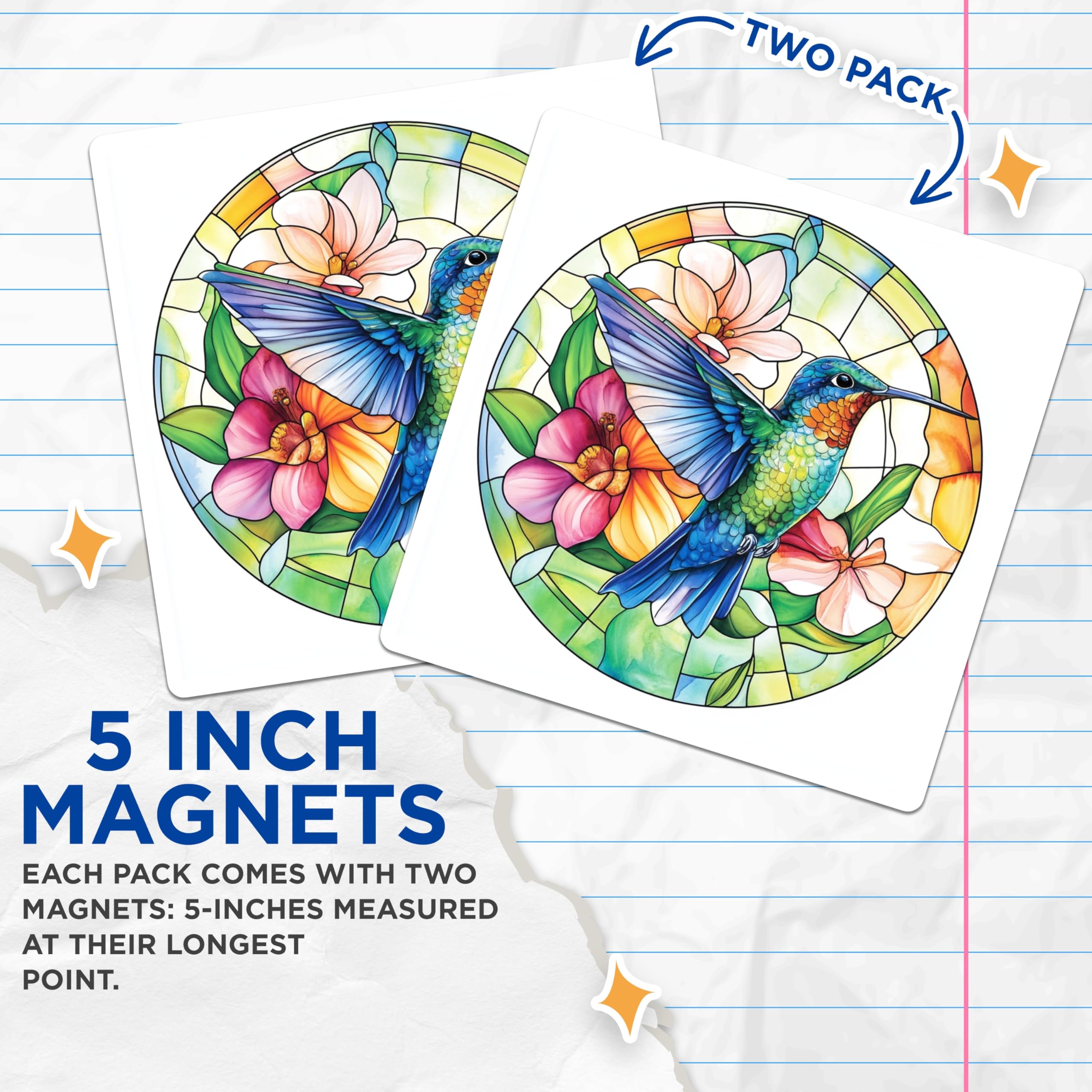 (2 Pack) Hummingbird Stained Glass Magnets - Vibrant Bird Art - Floral Kitchen Decor for Mom - 5 Inches On Longest Side - Thick Durable Magnet - Made in USA - MAG27229