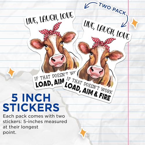 (2 Pack) Live Laugh Love Stickers - Funny Cow Stickers - Inspirational Animal Stickers - 5" On Longest Side - Sticks to Smooth Flat Surfaces - Made in USA - BMCS9807