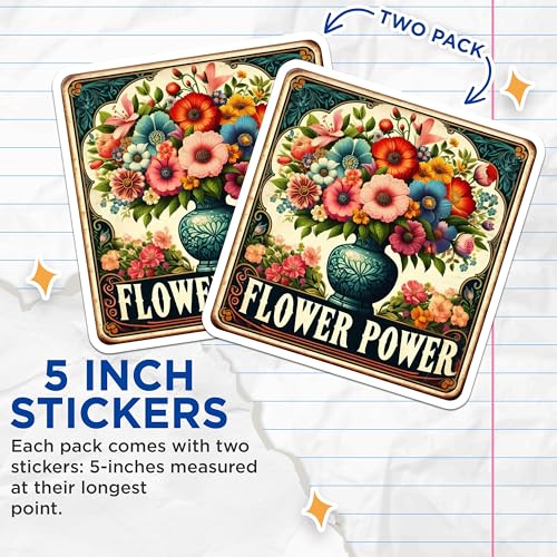 (2 Pack) Flower Power Stickers - Retro Flower Vase - Colorful Floral Bouquet Decal - Hippie Flower Water Bottle Stickers - 5" On Longest Side - Sticks to Smooth Flat Surfaces - Made in USA - BMCS7197