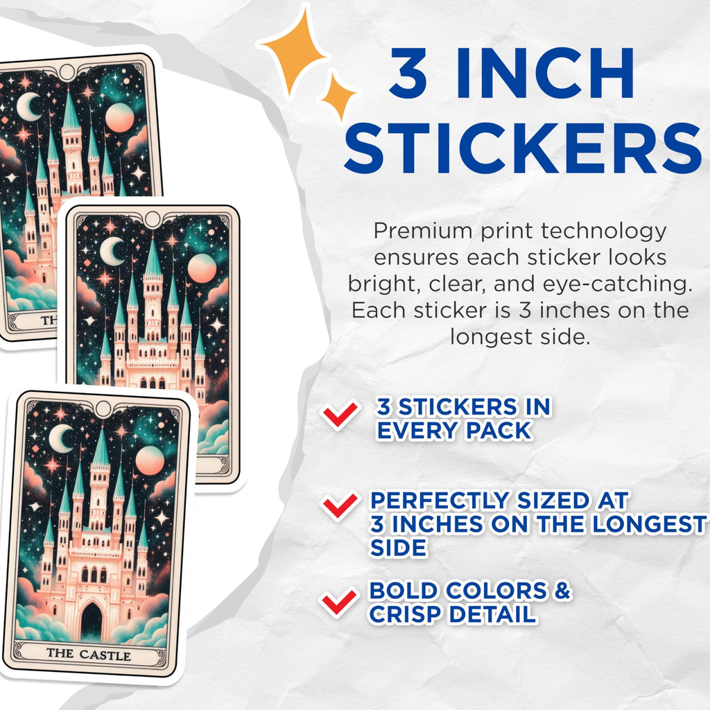 (3 Pack) Castle Tarot Card Decals - Fantasy Fortress Decal - Celestial Palace Stickers - 3 Inches On Longest Side - Easy Peel & Apply - Made in USA - 3MCS4130