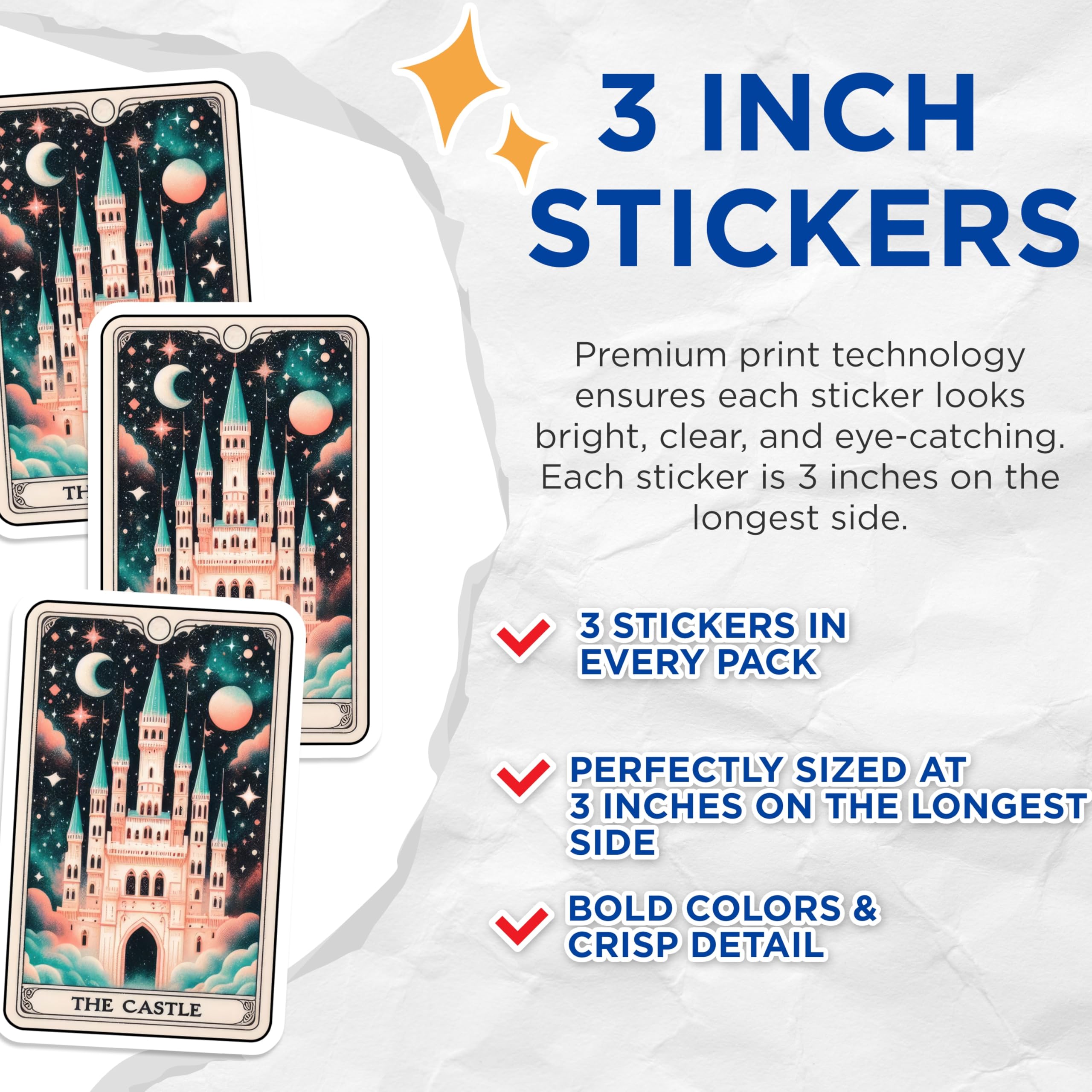 (3 Pack) Castle Tarot Card Decals - Fantasy Fortress Decal - Celestial Palace Stickers - 3 Inches On Longest Side - Easy Peel & Apply - Made in USA - 3MCS4130