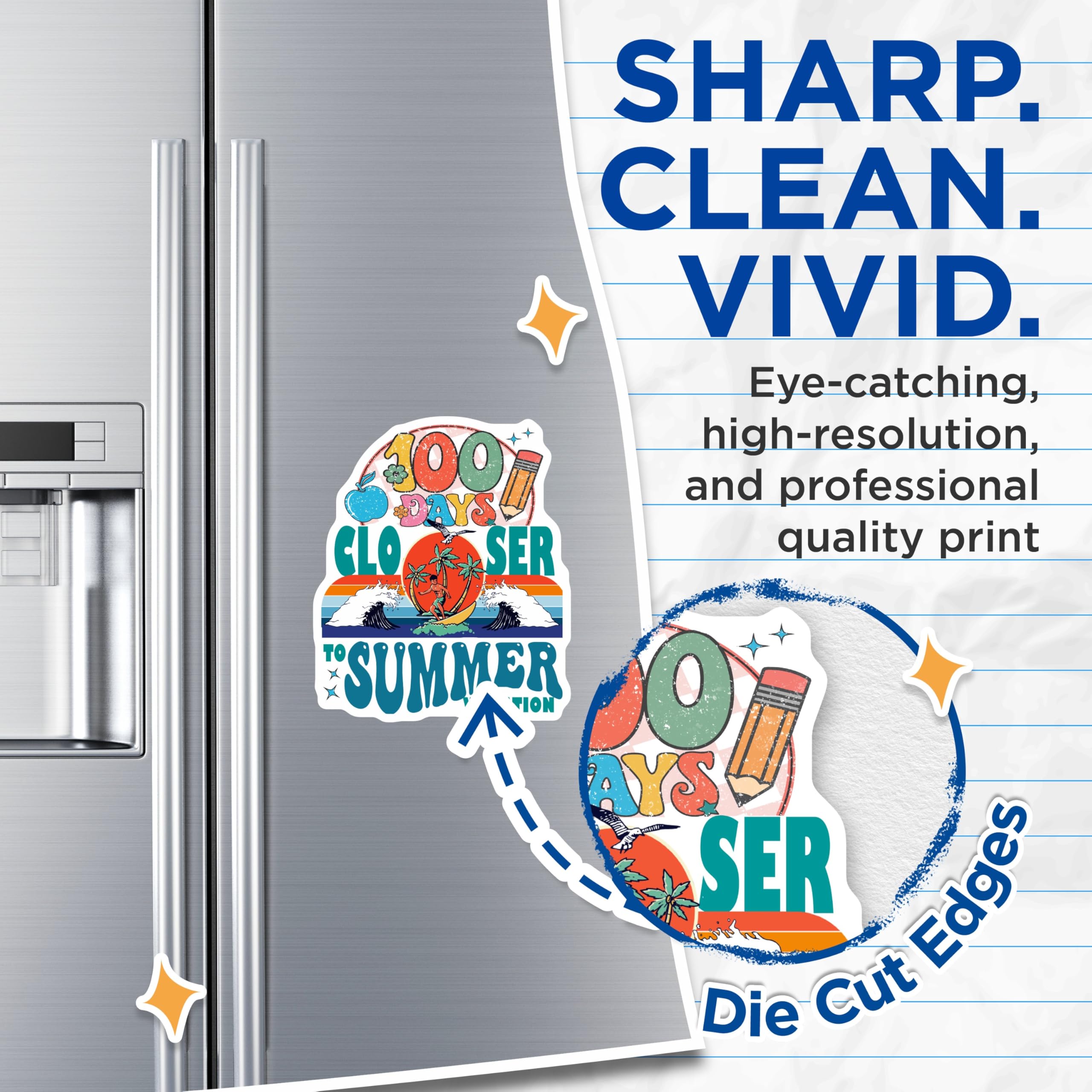 (2 Pack) 100 Days Summer Vacation Magnets - Retro School Teacher - Beach Surfing Student - 5 Inches On Longest Side - Thick Durable Magnet - Made in USA - MAG19274