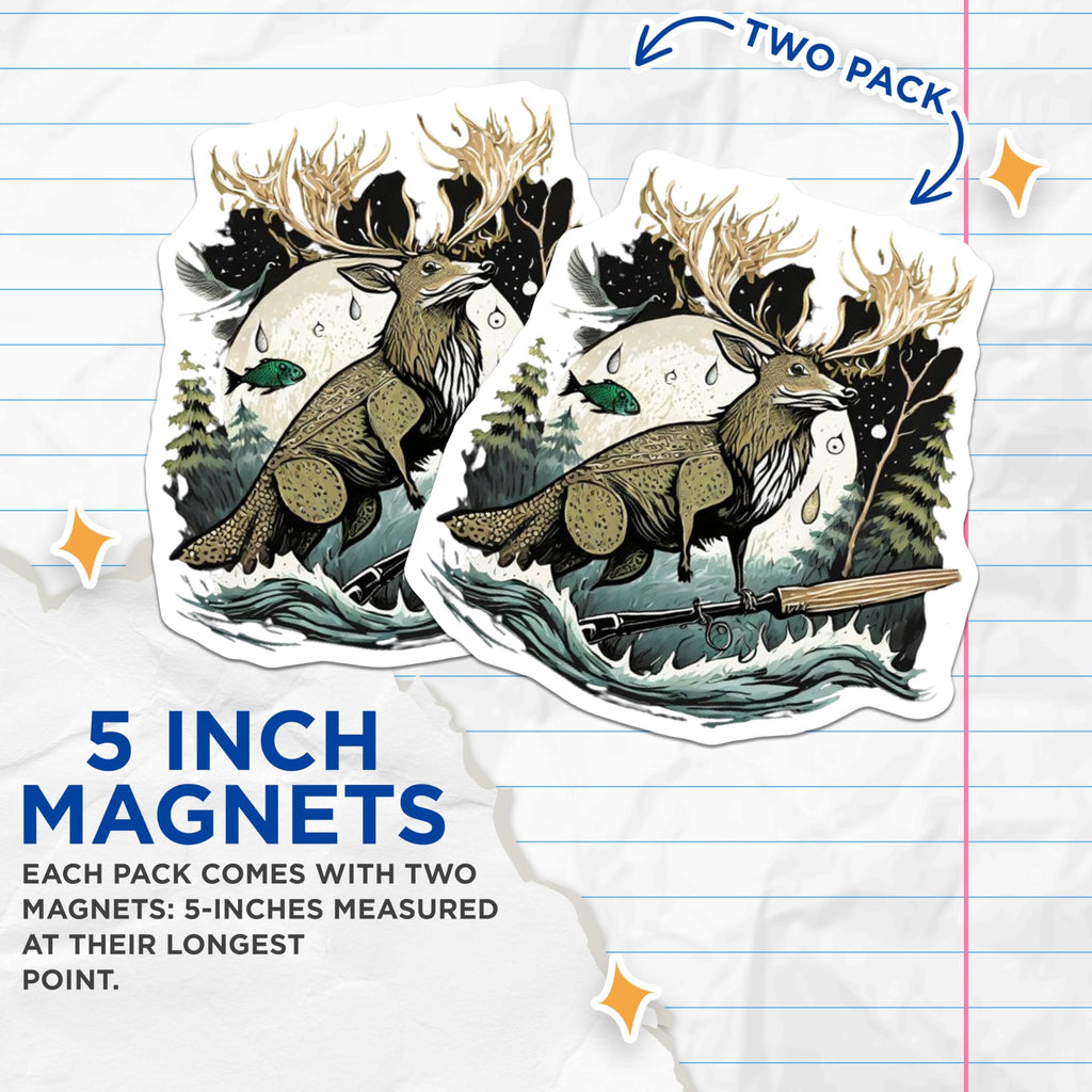 (2 Pack) Antlered Deer Fish Magnets - Fantasy Wildlife Art - Mythical Creature Hunter Decor - 5 Inches On Longest Side - Thick Durable Magnet - Made in USA - MAG21846