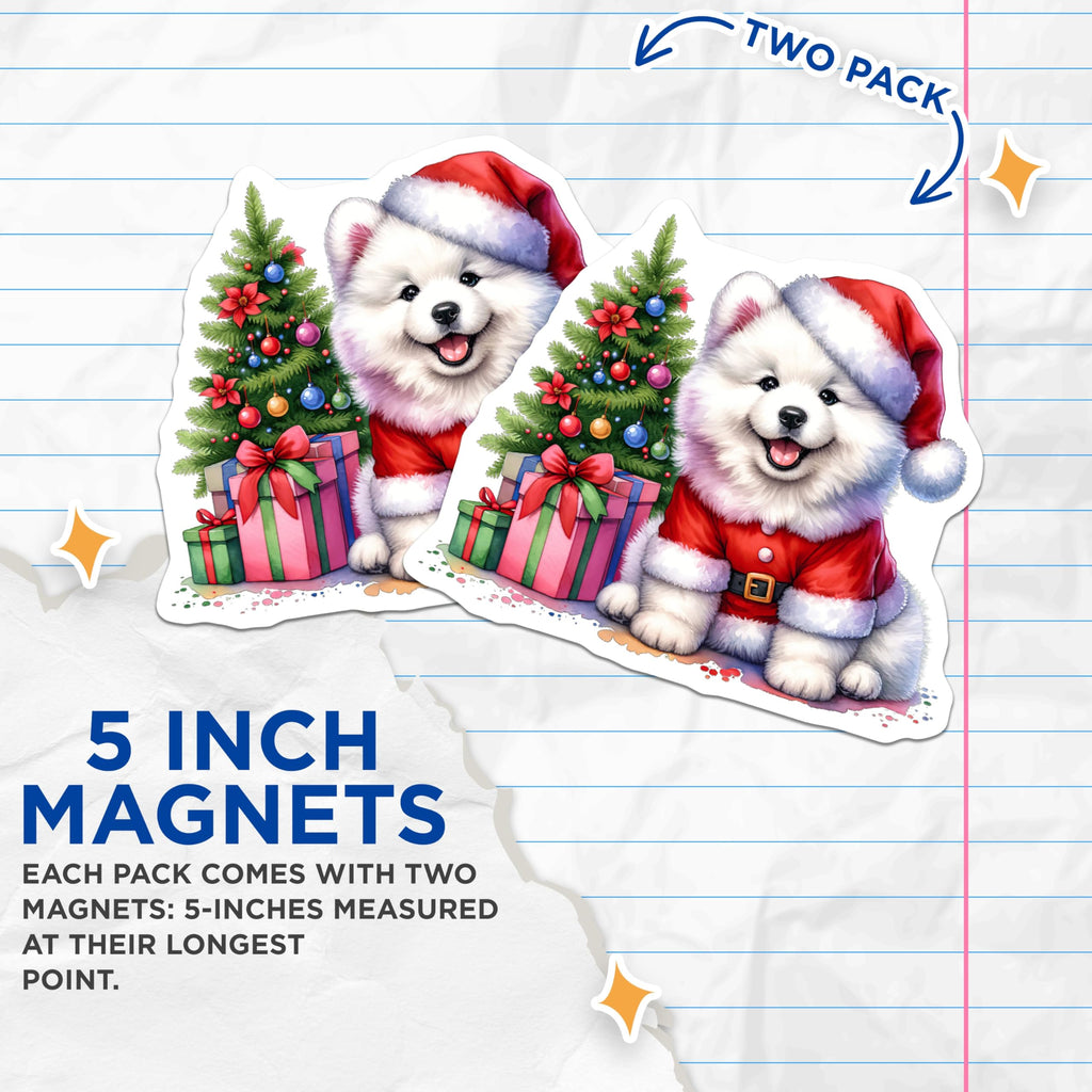(2 Pack) Christmas Dog Magnets - Santa Puppy Samoyed Decor - Holiday Pet Lover Refrigerator Magnets - 5 Inches On Longest Side - Thick Durable Magnet - Made in USA - MAG27712