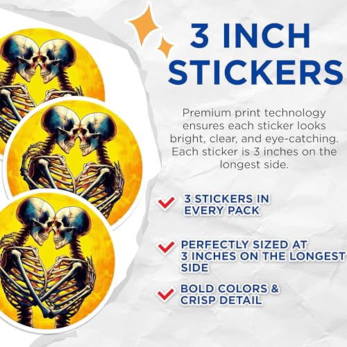 (3 Pack) Skeleton Love Decals - Gothic Romance - Halloween Decals- 3 Inches On Longest Side - Easy Peel & Apply - Made in USA - 3MCS5884