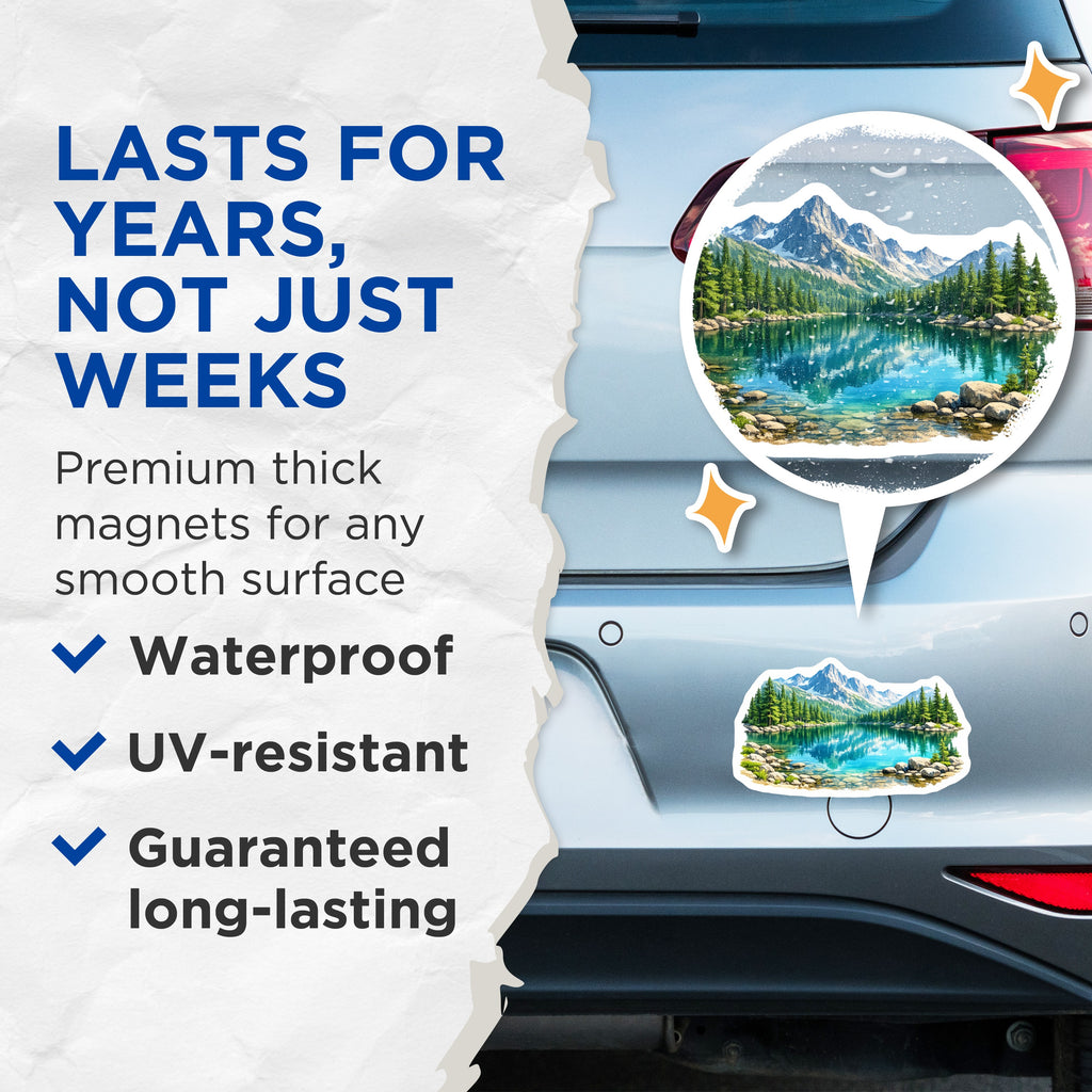 (2 Pack) Mountain Lake Magnets - Nature Landscape Scene - Wilderness Art Decor - 5 Inches On Longest Side - Thick Durable Magnet - Made in USA - MAG37443