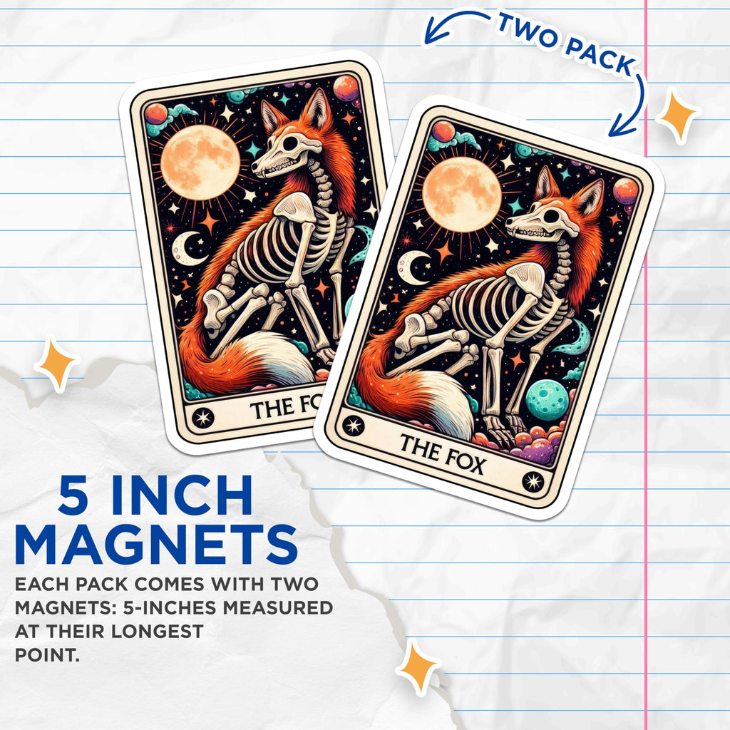 (2 Pack) Fox Skeleton Magnets - Mystical Celestial Tarot Card Art - Gothic Dark Fantasy Woodland Animal Decor - 5 Inches On Longest Side - Thick Durable Magnet - Made in USA - MAG20811