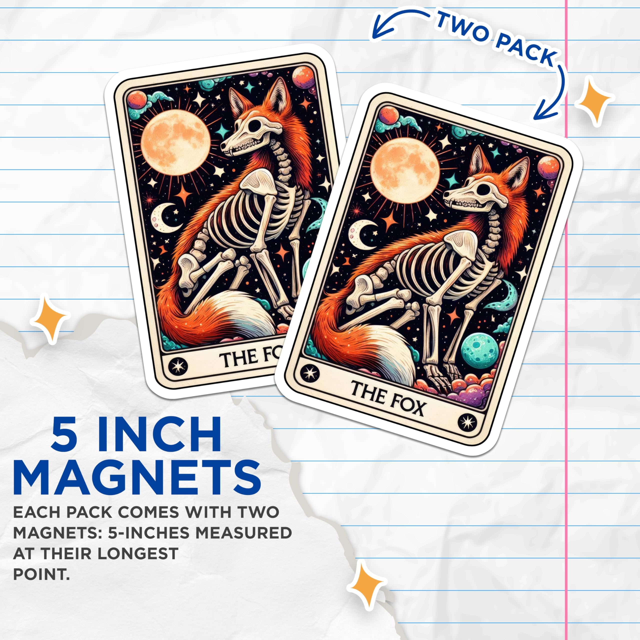 (2 Pack) Fox Skeleton Magnets - Mystical Celestial Tarot Card Art - Gothic Dark Fantasy Woodland Animal Decor - 5 Inches On Longest Side - Thick Durable Magnet - Made in USA - MAG20811