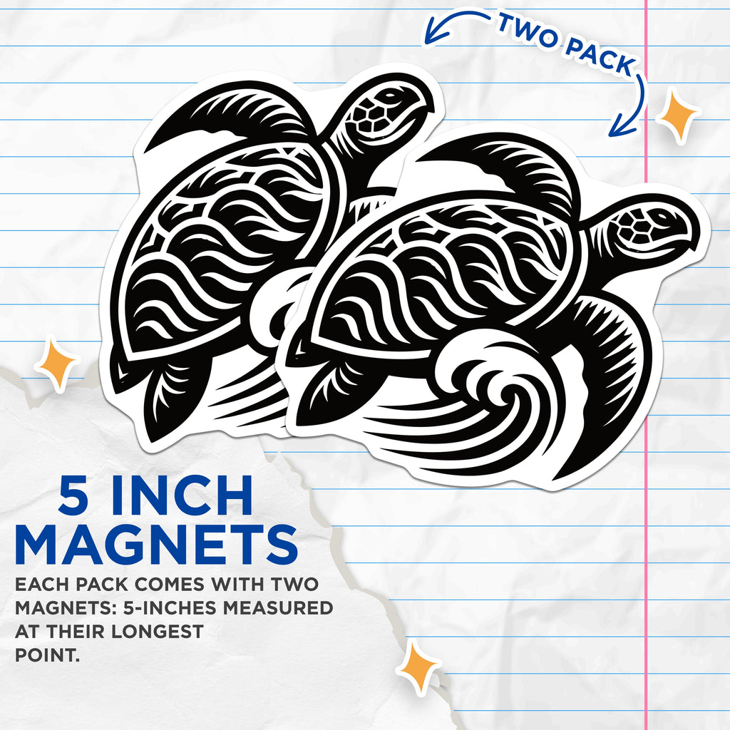 (2 Pack) Sea Turtle Magnets - Tribal Ocean Art - Polynesian Home Decor - Coastal Fridge Accent - 5 Inches On Longest Side - Thick Durable Magnet - Made in USA - MAG38423