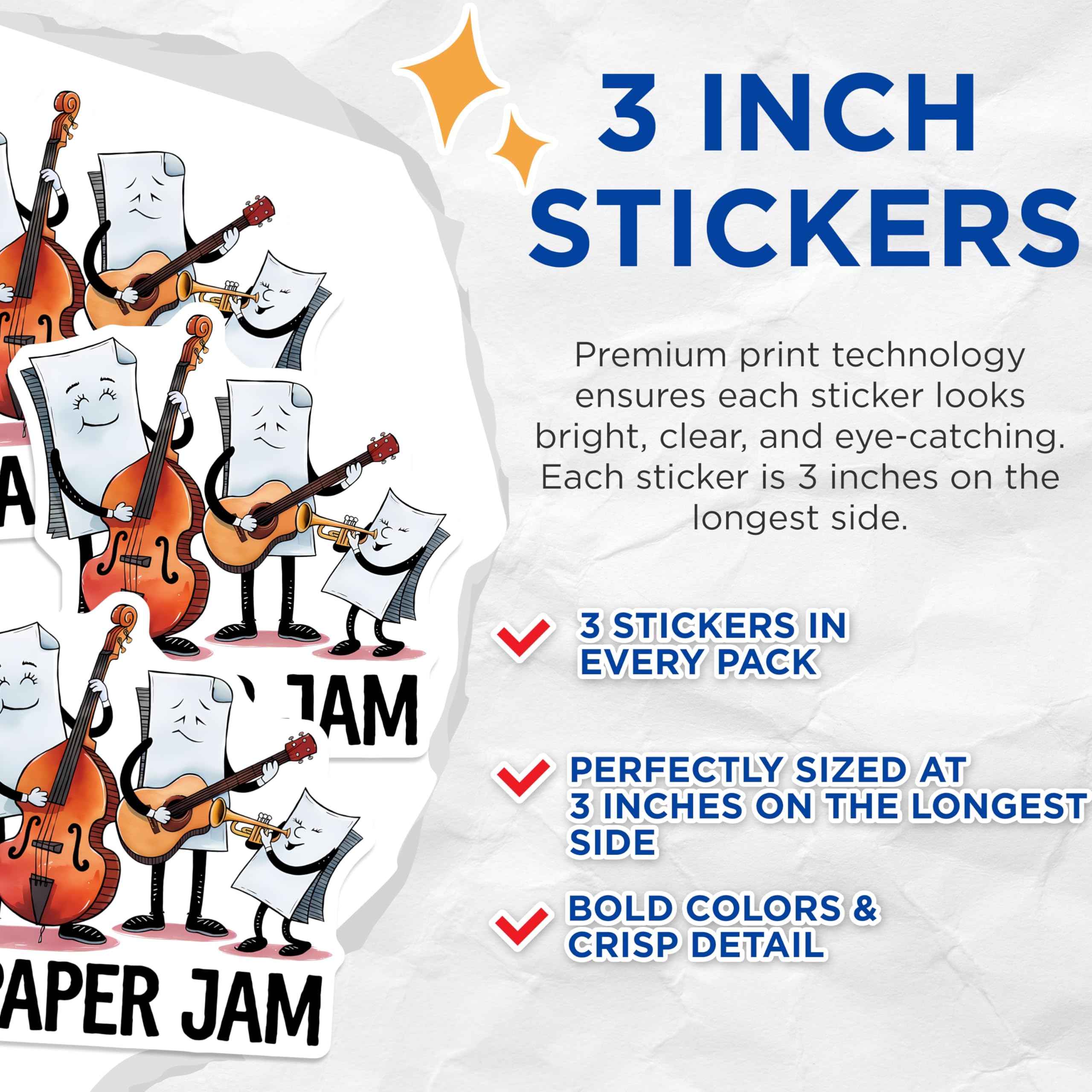 (3 Pack) Paper Jam Decals - Musical Sheets - Band Decals - 3 Inches On Longest Side - Easy Peel & Apply - Made in USA - 3MCS6400