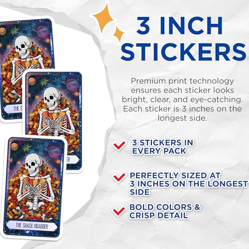 (3 Pack) Snack Hoarder Decals - Skeleton Tarot - Foodie Decal - 3 Inches On Longest Side - Easy Peel & Apply - Made in USA - 3MCS8748