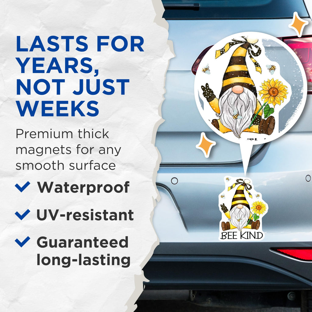 (2 Pack) Bee Kind Gnomes Magnets - Positive Affirmation - Sunflower Decorative - 5" On Longest Side - Premium Magnet - for Cars, Refrigerators, Toolboxes, Lockers - Made in USA - MAG14074