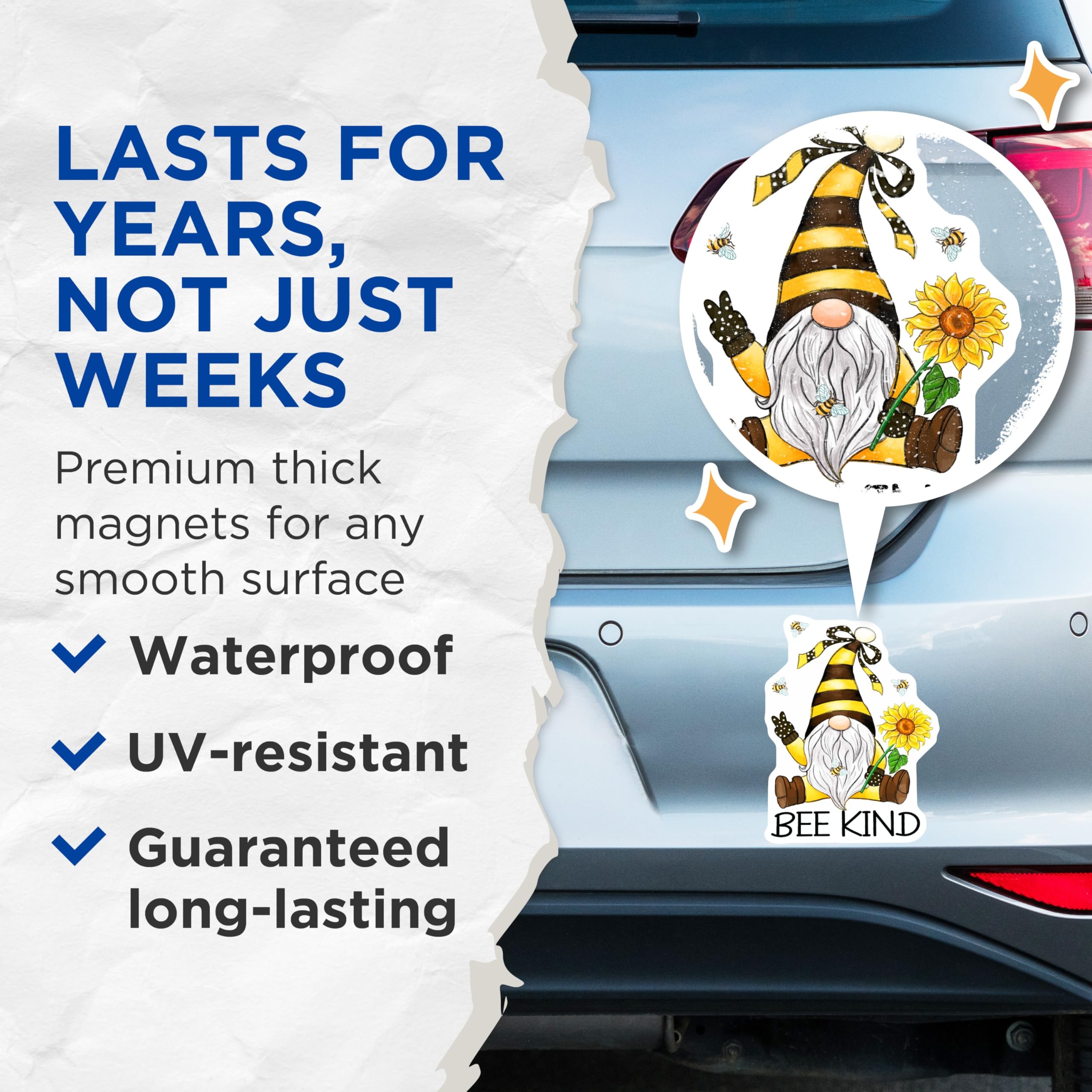(2 Pack) Bee Kind Gnomes Magnets - Positive Affirmation - Sunflower Decorative - 5" On Longest Side - Premium Magnet - for Cars, Refrigerators, Toolboxes, Lockers - Made in USA - MAG14074