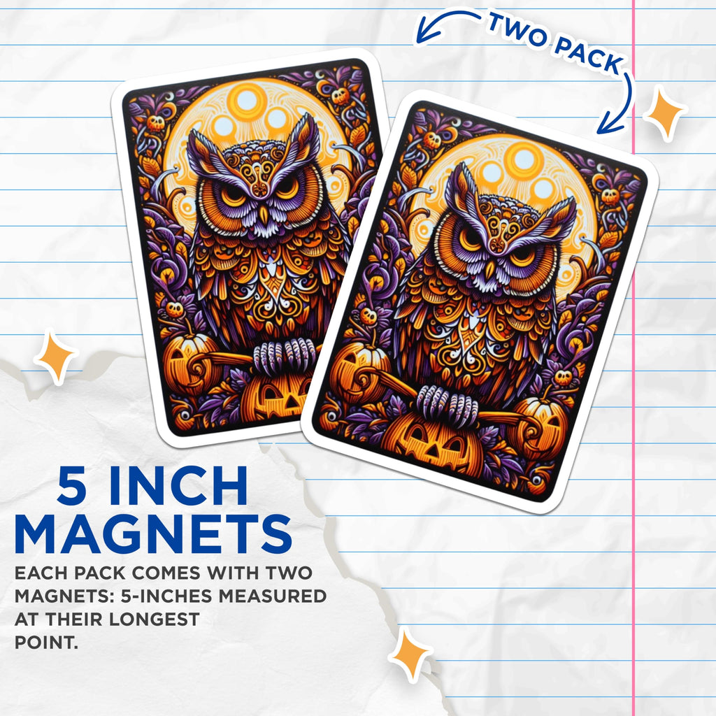 (2 Pack) Ornate Owl Magnets - Halloween Jack O Lantern Decor - Autumn Mandala Art Fridge Decorations - 5 Inches On Longest Side - Thick Durable Magnet - Made in USA - MAG23238
