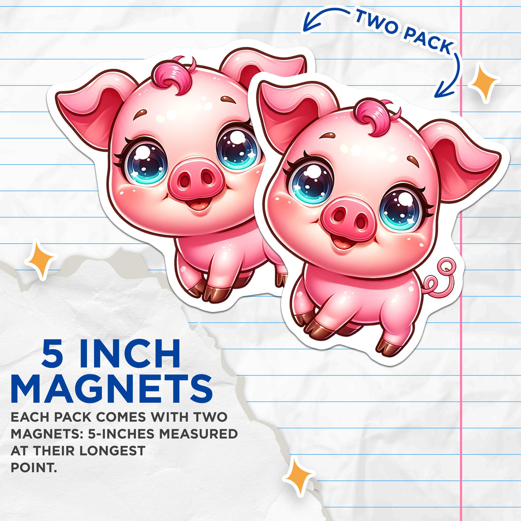 (2 Pack) Cute Baby Pig Magnets - Kawaii Farm Animal - Refrigerator Locker Office Decor - 5 Inches On Longest Side - Thick Durable Magnet - Made in USA - MAG36645