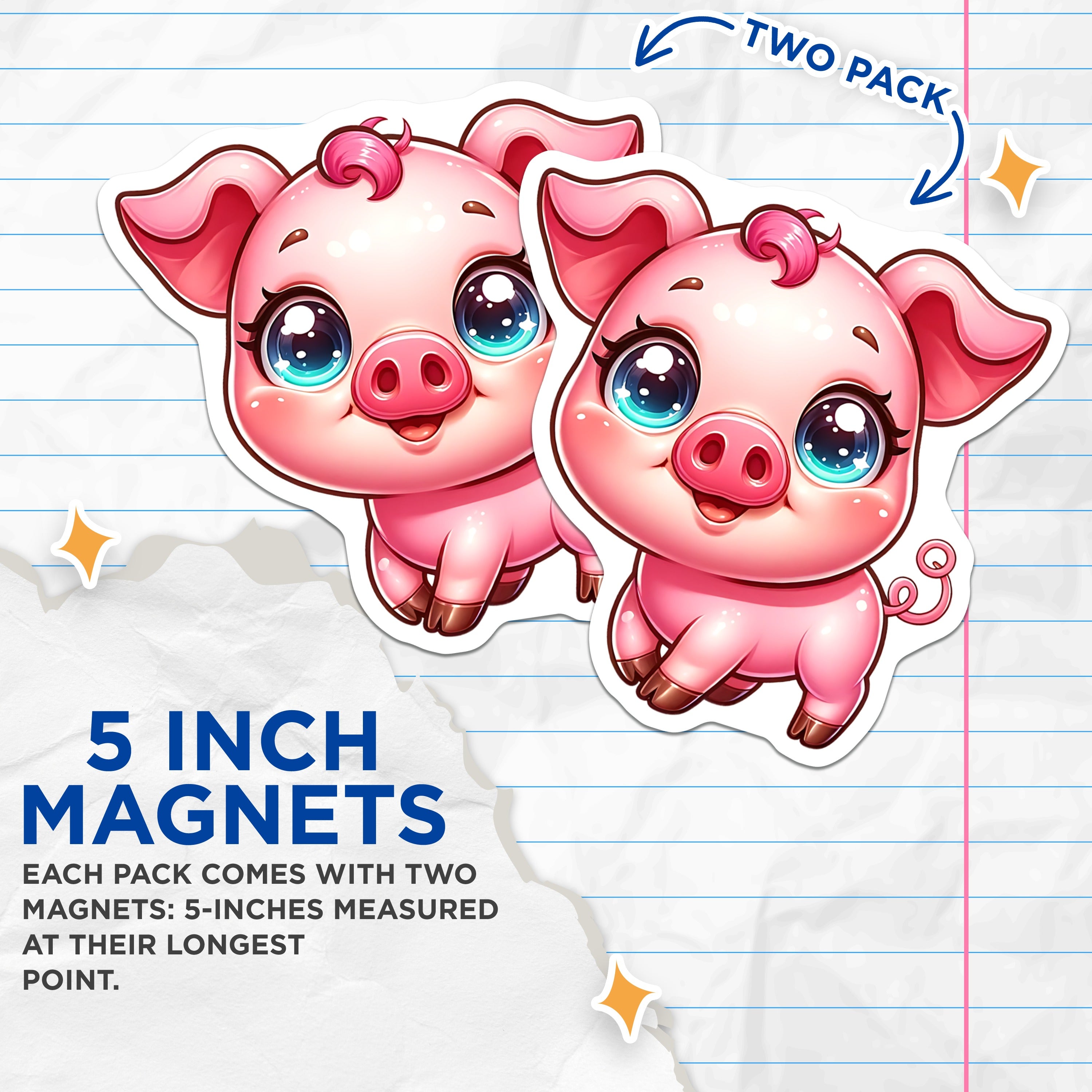 (2 Pack) Cute Baby Pig Magnets - Kawaii Farm Animal - Refrigerator Locker Office Decor - 5 Inches On Longest Side - Thick Durable Magnet - Made in USA - MAG36645
