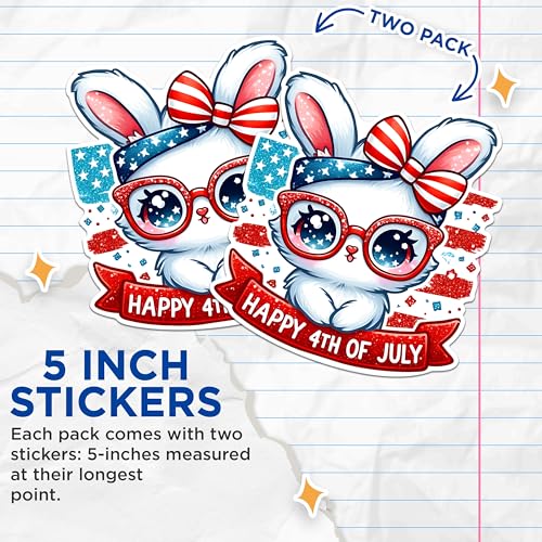 (2 Pack) Happy 4th of July Stickers - Patriotic Bunny Stickers - Independence Day Stickers - 5" On Longest Side - Sticks to Any Smooth Flat Surface - Made in USA - BMCS2706