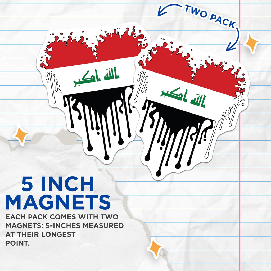 (2 Pack) Iraqi Flag Magnets - Grunge Iraq Flag - Dripping Iraq Flag Magnets - 5" On Longest Side - Premium Magnet - for Cars, Refrigerators, Toolboxes, Lockers - Made in USA - MAG18036