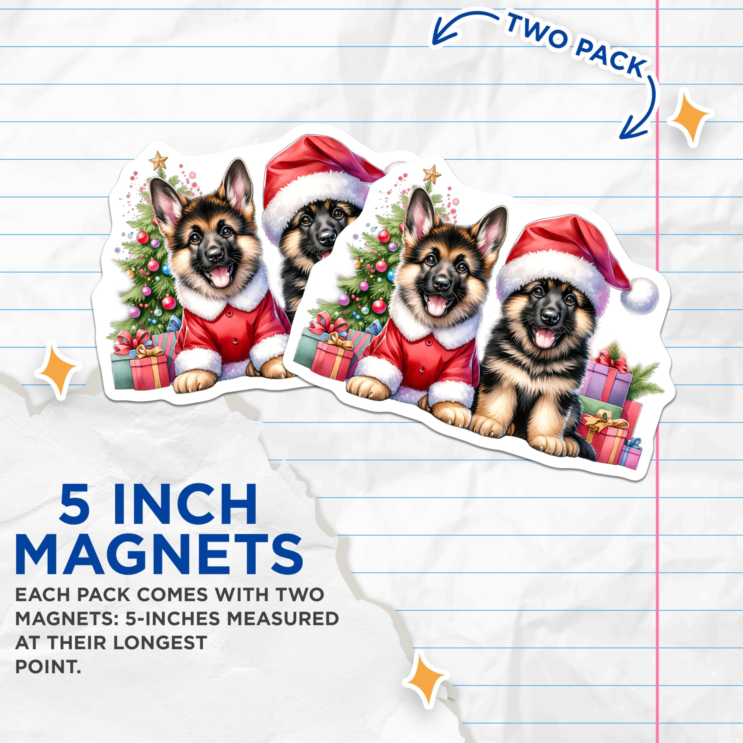 (2 Pack) German Shepherd Christmas Puppies Magnets - Santa Dog Holiday Decor - Cute Animal Lover Refrigerator Magnets - 5 Inches On Longest Side - Thick Durable Magnet - Made in USA - MAG26424