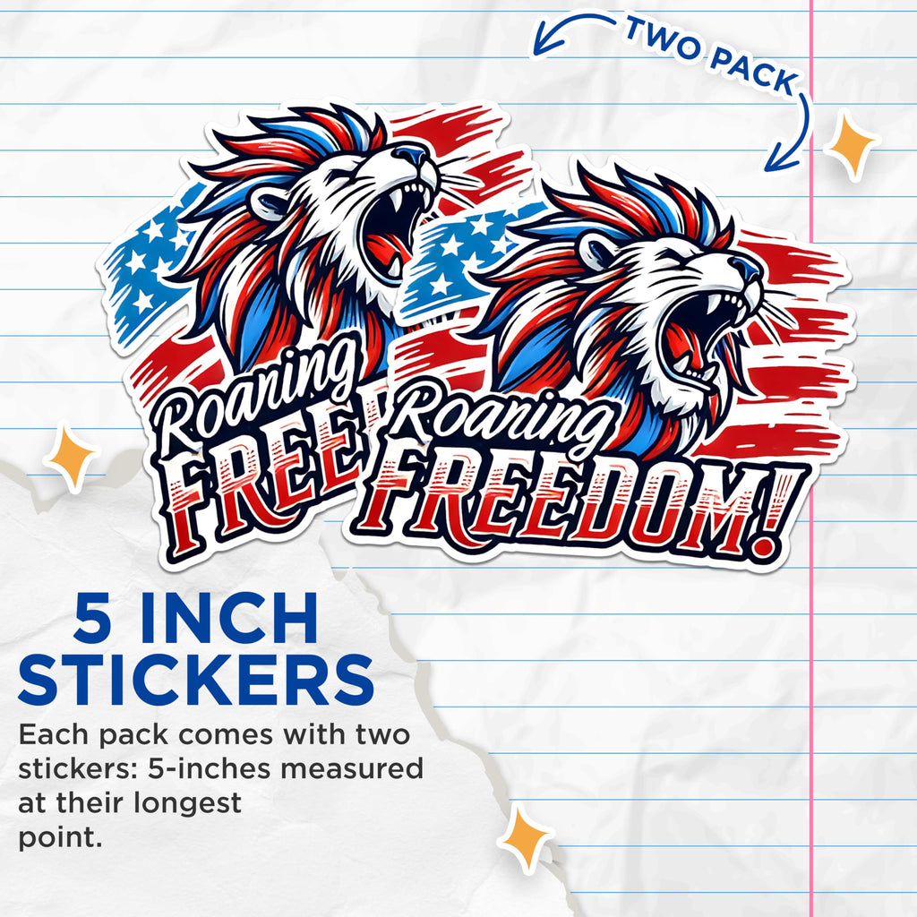 (2 Pack) Roaring Freedom Stickers - Patriotic Lion Stickers - American Flag Stickers - 5" On Longest Side - Sticks to Any Smooth Flat Surface - Made in USA - BMCS2714