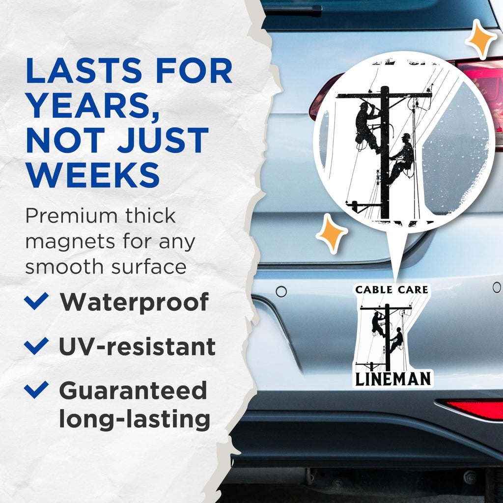 (2 Pack) Lineman Magnets - Cable Care Utility Worker Magnets - Electrical Grid Service Technician - Power Pole Worker Decor - 5 Inches On Longest Side - Thick Durable Magnet - Made in USA - MAG22417