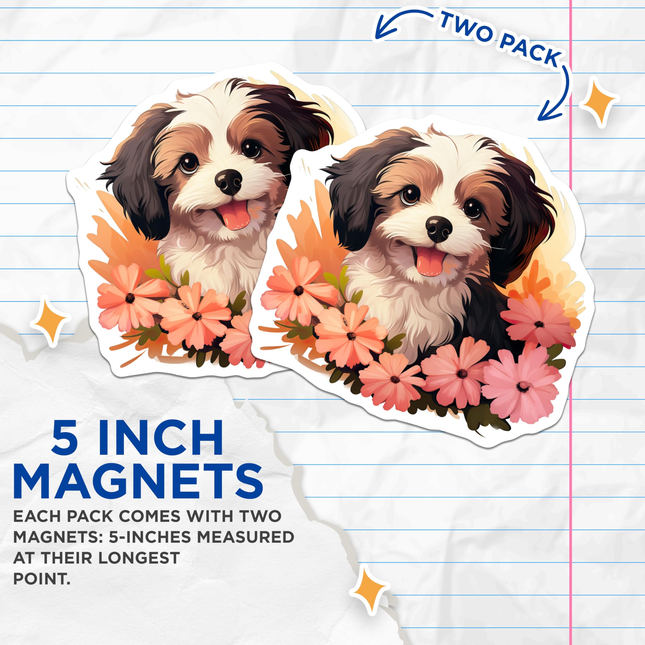 (2 Pack) Happy Puppy Magnets - Floral Dog Art - Cute Pet Lover Decor - Animal Friends Collection - Refrigerator Charm - 5 Inches On Longest Side - Thick Durable Magnet - Made in USA - MAG24490
