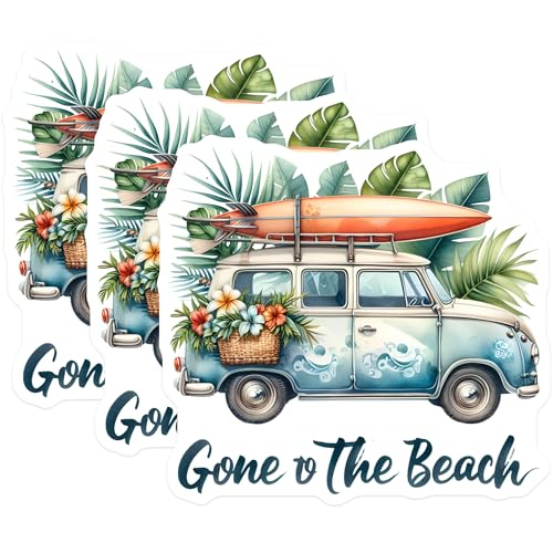 (3 Pack) VW Bus Decals - Gone to The Beach - Surfboard Stickers - 3 Inches On Longest Side - Easy Peel & Apply - Made in USA - 3MCS8051