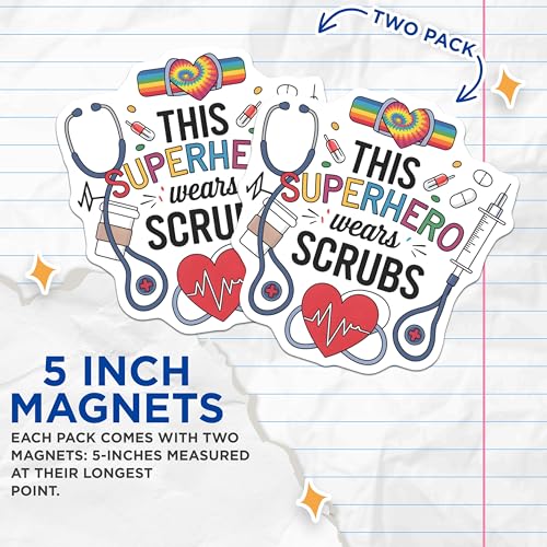 (2 Pack) This Superhero Wears Scrubs Magnets - Medical Professional Decor - Healthcare Hero - Nurse Practitioner - 5" On Longest Side - for Cars, Fridges, Toolboxes - Made in USA - MAG7203
