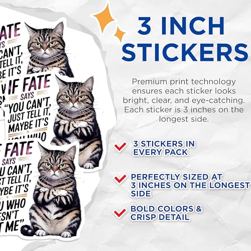 (3 Pack) Funny Cat Decals - Sassy Cat - Quote Decals - 3 Inches On Longest Side - Easy Peel & Apply - Made in USA - 3MCS4830