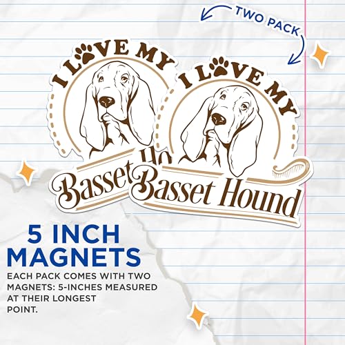 (2 Pack) I Love My Basset Hound Magnets - Dog Lover Car Magnets - Unique Dog Breed Fridge Magnets- 5" On Longest Side - for Fridges, Toolboxes, Cars - Made in USA - MAG2964