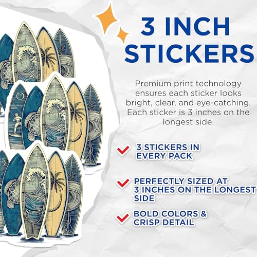 (3 Pack) Surfboard Decals - Beach Inspired Stickers - Laptop Accessories - 3 Inches On Longest Side - Easy Peel & Apply - Made in USA - 3MCS2354