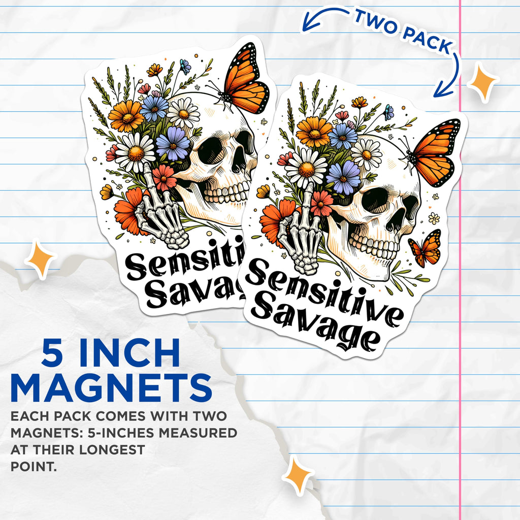 (2 Pack) Skull Floral Magnets - Butterfly Fridge Magnets - Sensitive Savage Decor - 5" On Longest Side - Premium Magnet - for Cars, Refrigerators, Toolboxes, Lockers - Made in USA - MAG16262