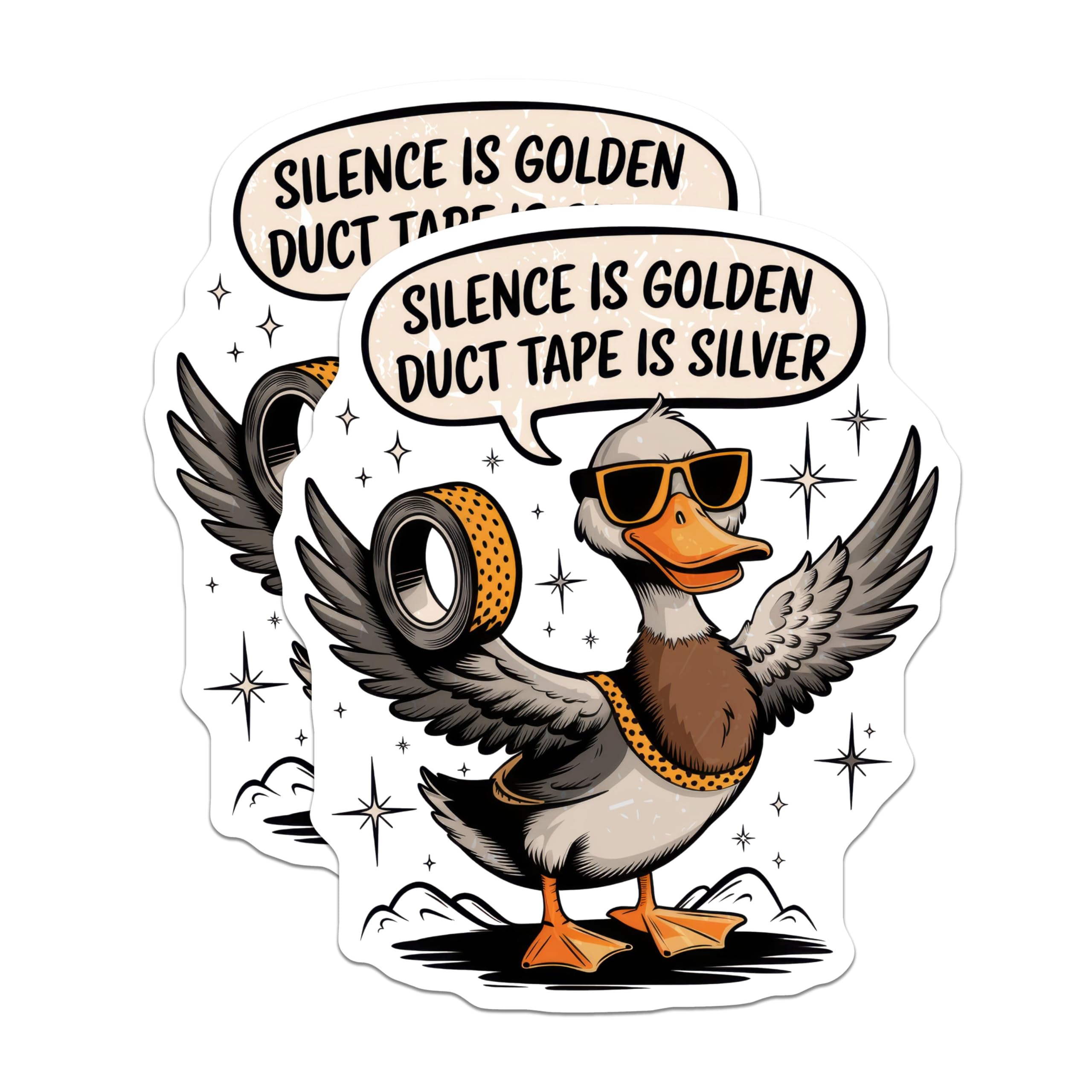(2 Pack) Funny Duck Stickers - Silence is Golden Stickers - Duct Tape is Silver Stickers for Humor Lovers - 5" On Longest Side - Sticks to Smooth Flat Surfaces - Made in USA - BMCS5064