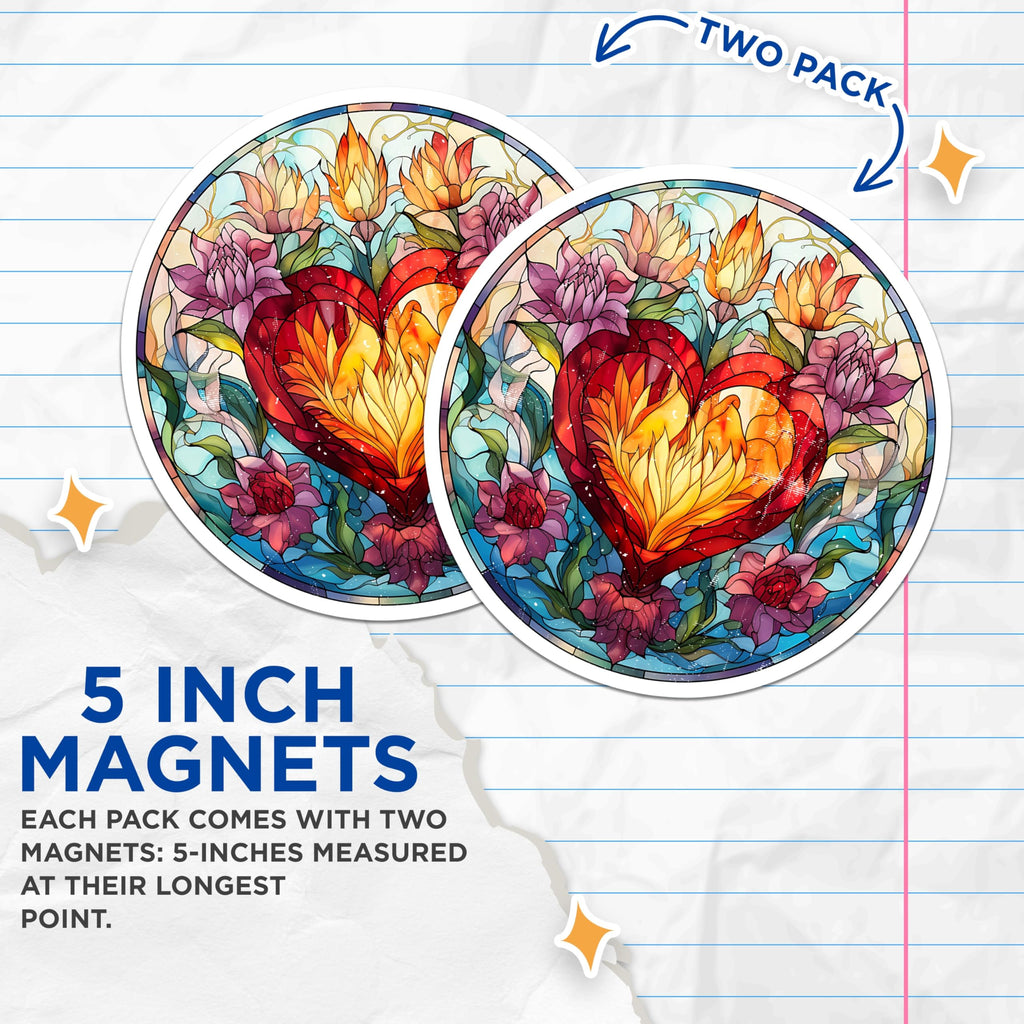 (2 Pack) Stained Glass Heart Magnets - Flaming Sacred Love Decor - Art Nouveau Inspired Kitchen - 5 Inches On Longest Side - Thick Durable Magnet - Made in USA - MAG28711