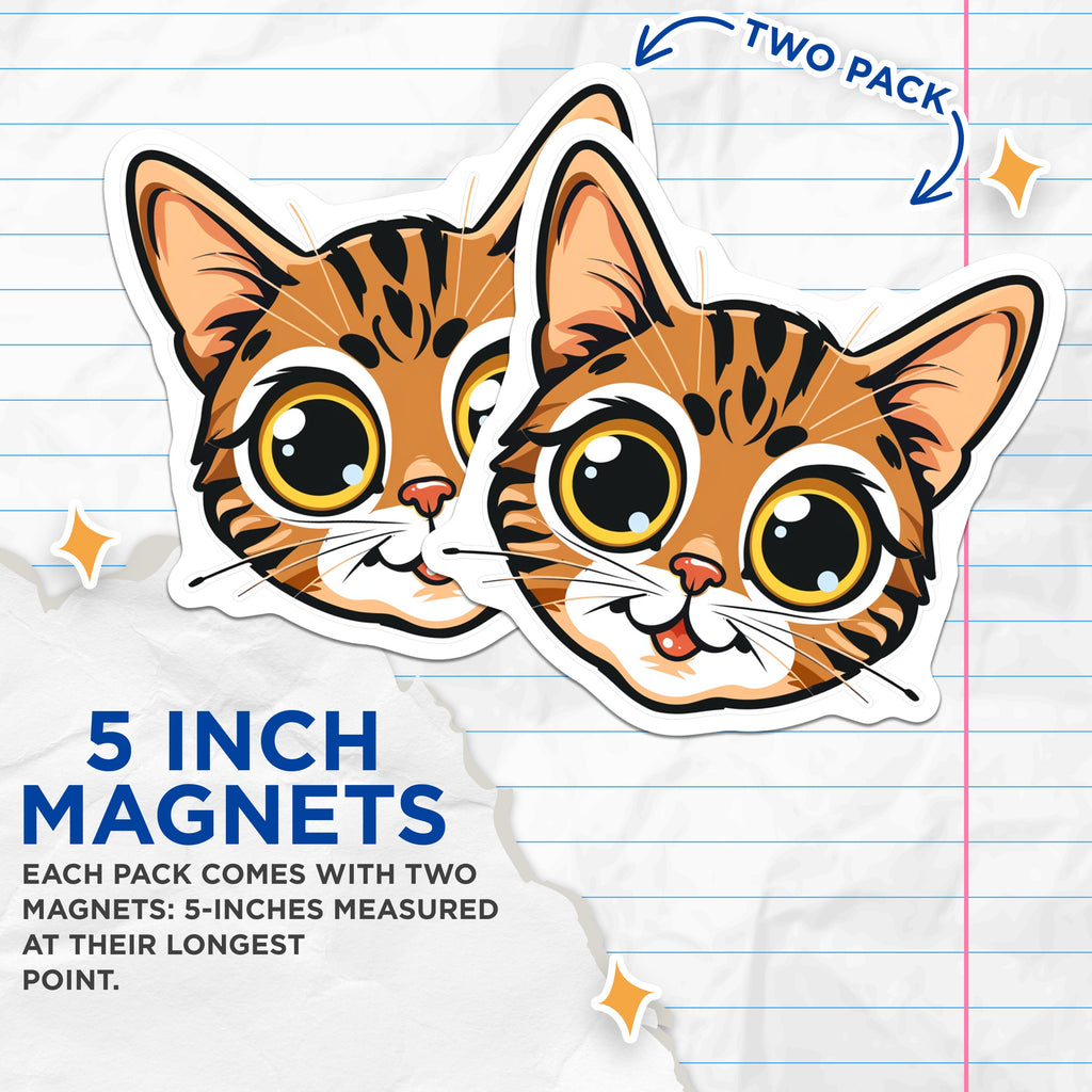 (2 Pack) Cute Cat Face Magnets - Tabby Kitty Fridge Decor - Animal Lover Locker Accessory - Kawaii Cat Art - 5 Inches On Longest Side - Thick Durable Magnet - Made in USA - MAG38706