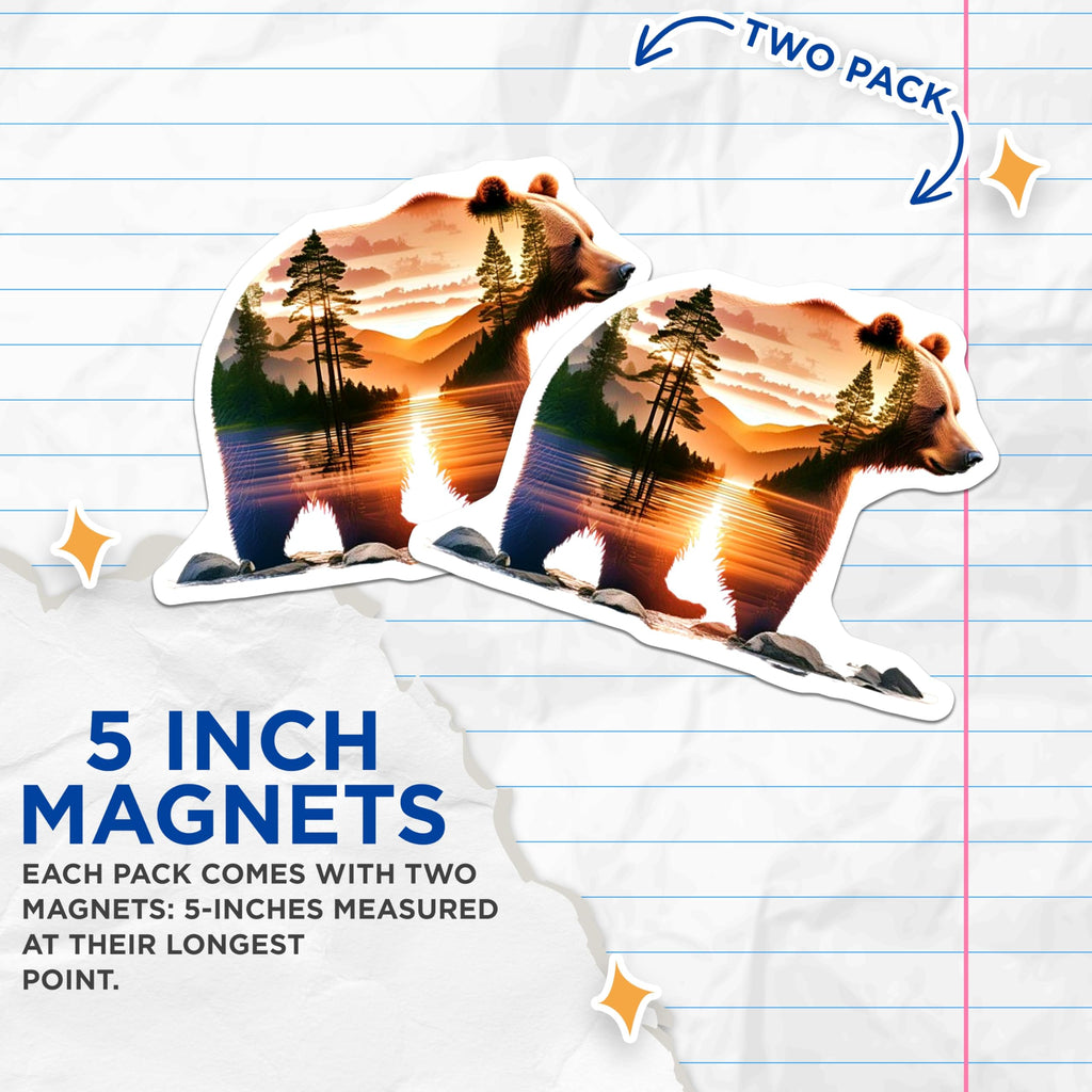 (2 Pack) Bear Landscape Magnets - Brown Bear Art - Nature Magnets for Fridge - 5" On Longest Side - Premium Magnet - for Cars, Refrigerators, Toolboxes, Lockers - Made in USA - MAG16392