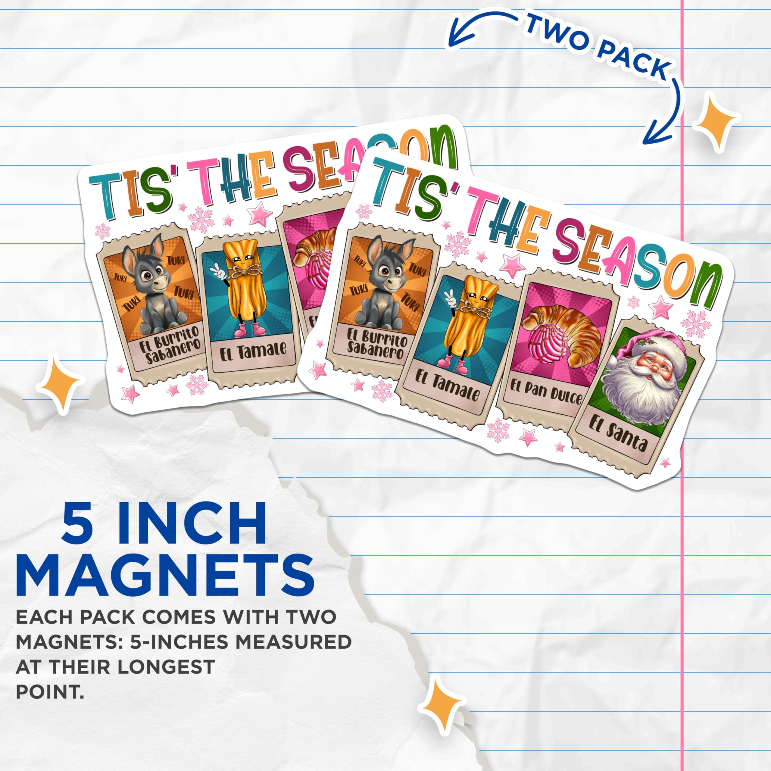 (2 Pack) Tis The Season Christmas Magnets - Latino Holiday Decor - Burrito Sabanero Tamale Pan Dulce Santa Magnets - 5 Inches On Longest Side - Thick Durable Magnet - Made in USA - MAG24492