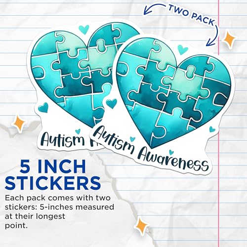 (2 Pack) Autism Awareness Stickers - Heart Puzzle - Blue Green Autism Symbol - 5" On Longest Side - Sticks to Smooth Flat Surfaces - Made in USA - BMCS8132