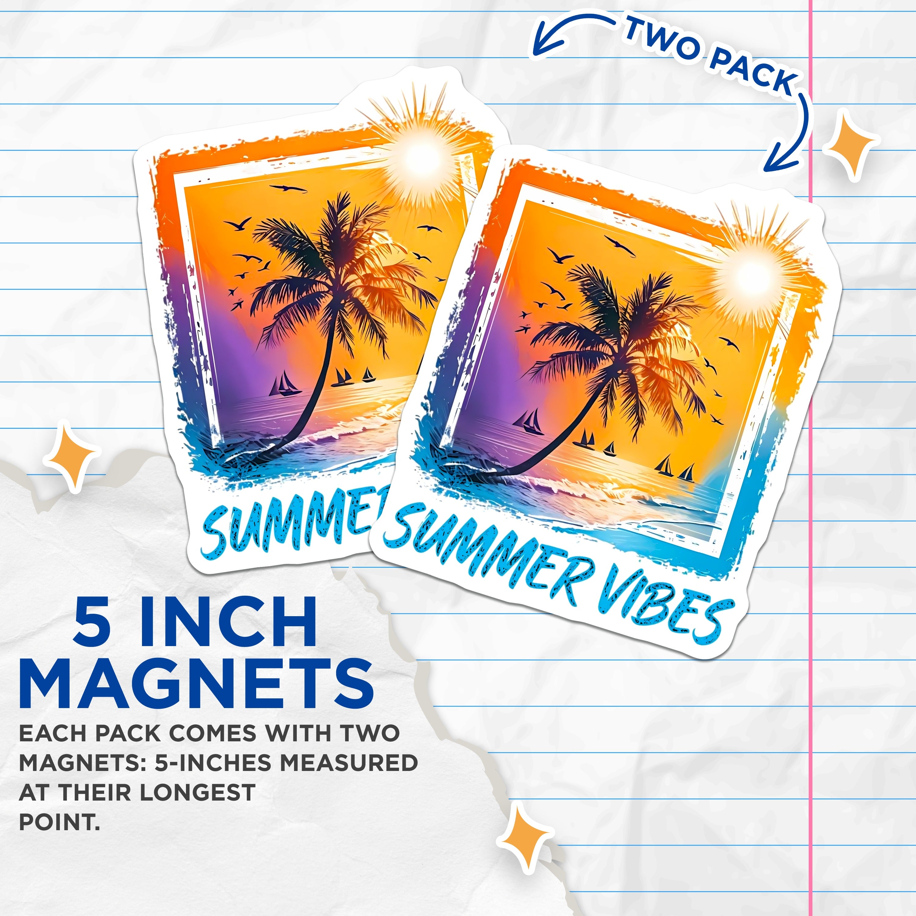 (2 Pack) Tropical Sunset Beach Magnets - Summer Vibes Ocean Decor - Palm Tree Refrigerator Magnet - 5 Inches On Longest Side - Thick Durable Magnet - Made in USA - MAG37445