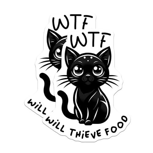 (2 Pack) Funny Cat Stickers - Will Thieve Food - Cute Kitty Decal - 5" On Longest Side - Sticks to Smooth Flat Surfaces - Made in USA - BMCS7340