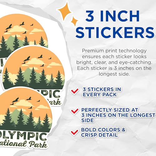 (3 Pack) Olympic National Park Decals - PNW Decal - Forest Nature Decals - 3 Inches On Longest Side - Easy Peel & Apply - Made in USA - 3MCS1371